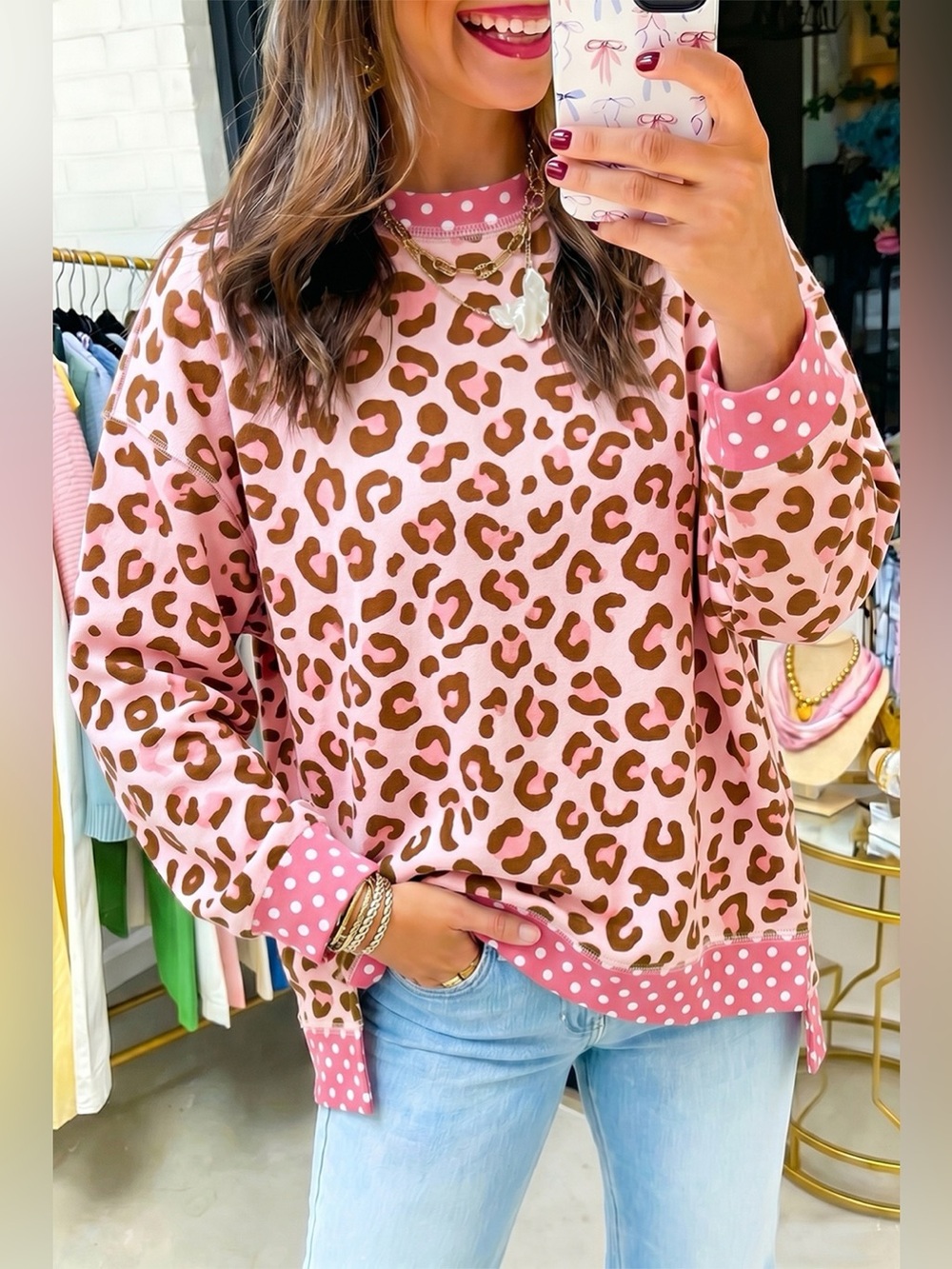 Polka Dot Contrast Trim Leopard Round Neck Sweatshirt